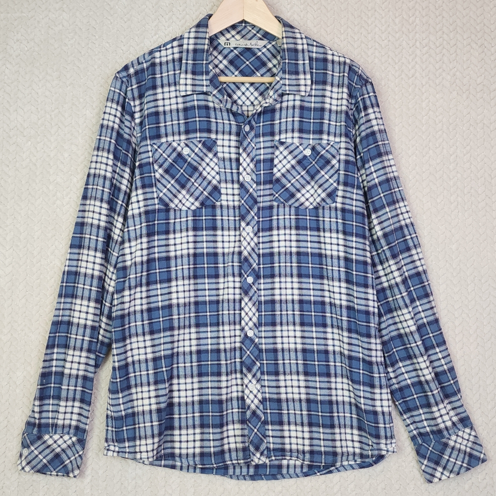Travis Mathew Blue Plaid Flannel Long Sleeve Button Down Cotton Men's Large